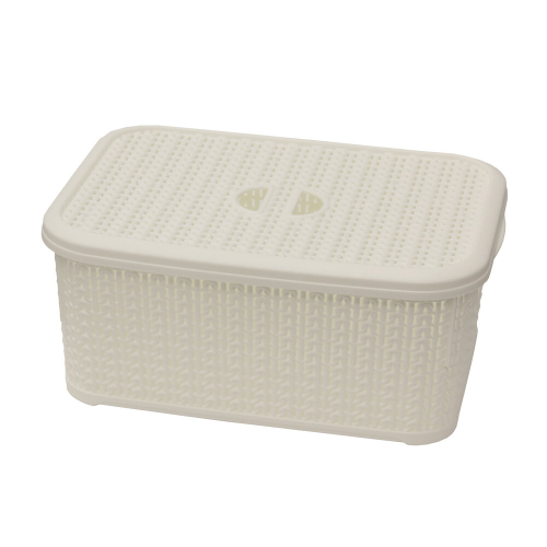 JVL Knit Design Loop Plastic Lidded Rectangular Storage Basket with Handles, Ivory, 20 x 28.5 x 12.5 cm, 6 Litres