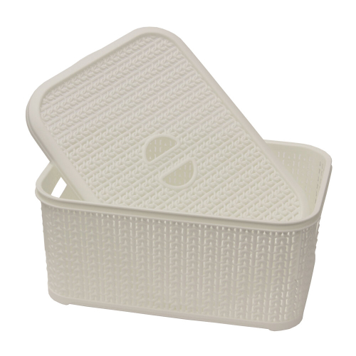 JVL Knit Design Loop Plastic Lidded Rectangular Storage Basket with Handles, Ivory, 20 x 28.5 x 12.5 cm, 6 Litres 1