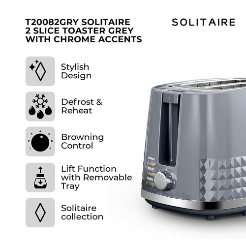 Tower Grey 2 Slice Toaster Stainless Steel Variable Browning Control Tower Solitaire 2