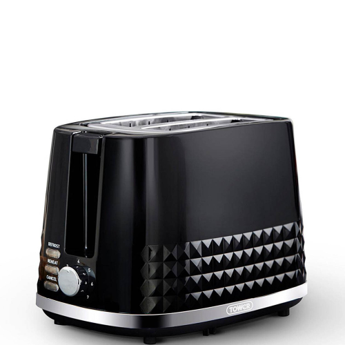 Tower Black 2 Slice Toaster Stainless Steel Variable Browning Control Tower Solitaire