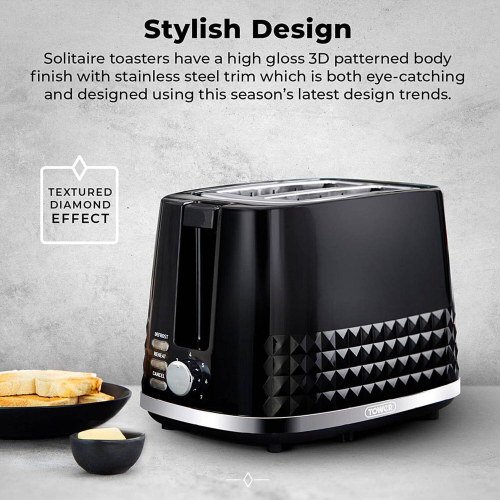 Tower Black 2 Slice Toaster Stainless Steel Variable Browning Control Tower Solitaire 1