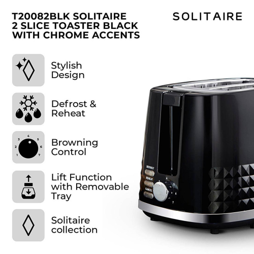Tower Black 2 Slice Toaster Stainless Steel Variable Browning Control Tower Solitaire 2