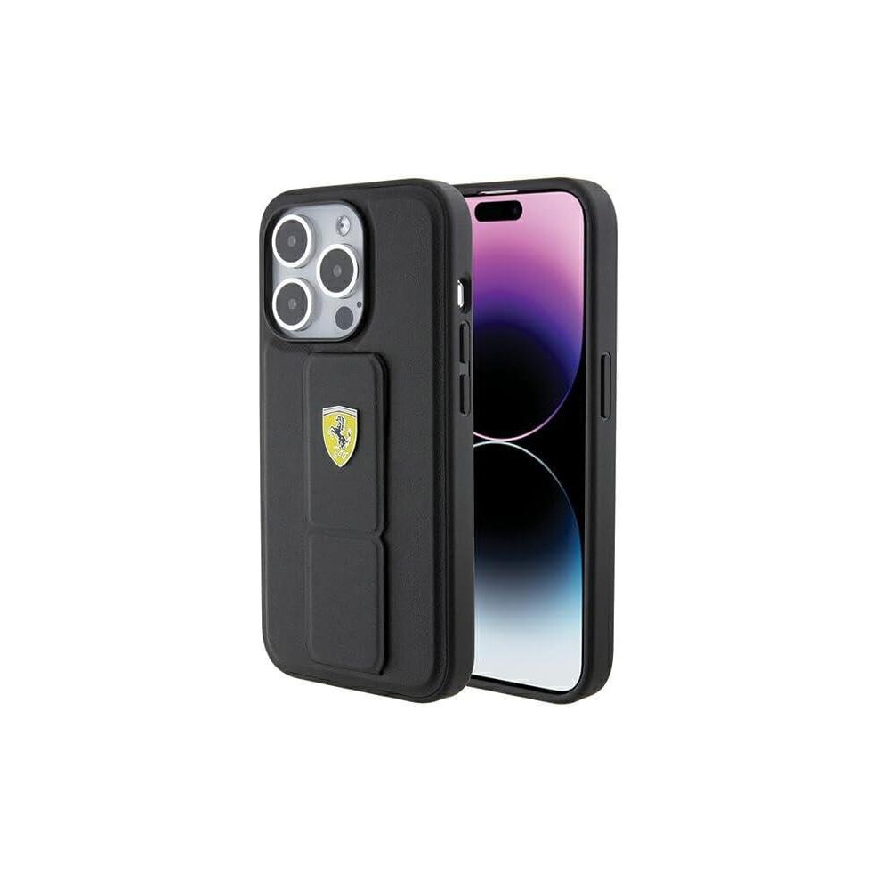 Ferrari Hard Case Grip Stand with Metal Logo for iphone 15 Pro 6.1" Black - FEHCP15XGSPSIK