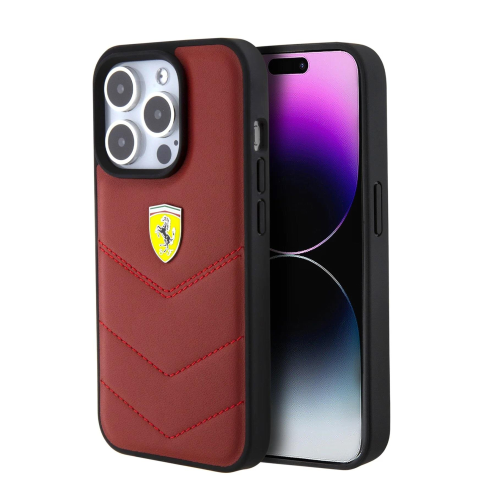 Ferrari Hard Case Leather Stitched Line for iphone 15 Pro 6.1" Red - FEHCP15LRDUR