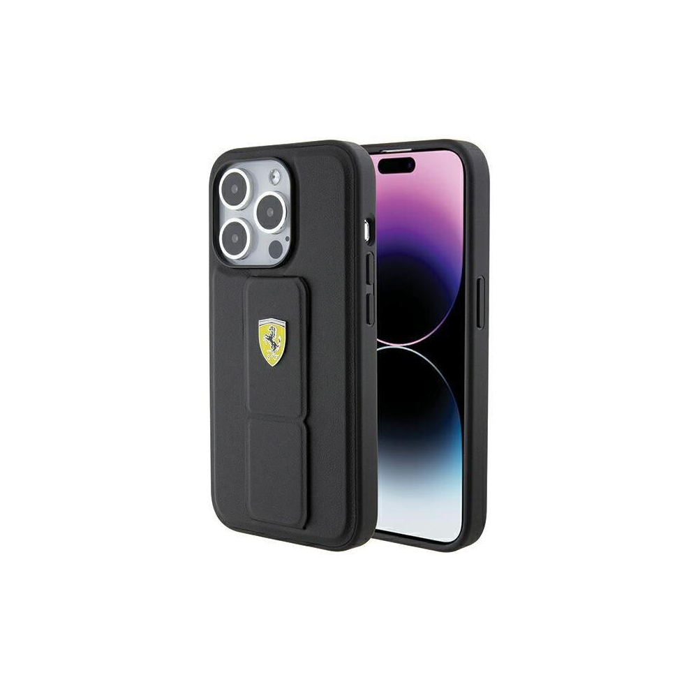 Ferrari Hard Case Grip Stand with Metal Logo for iphone 15 Pro Max 6.7" Black - FEHCP15XGSPSIK