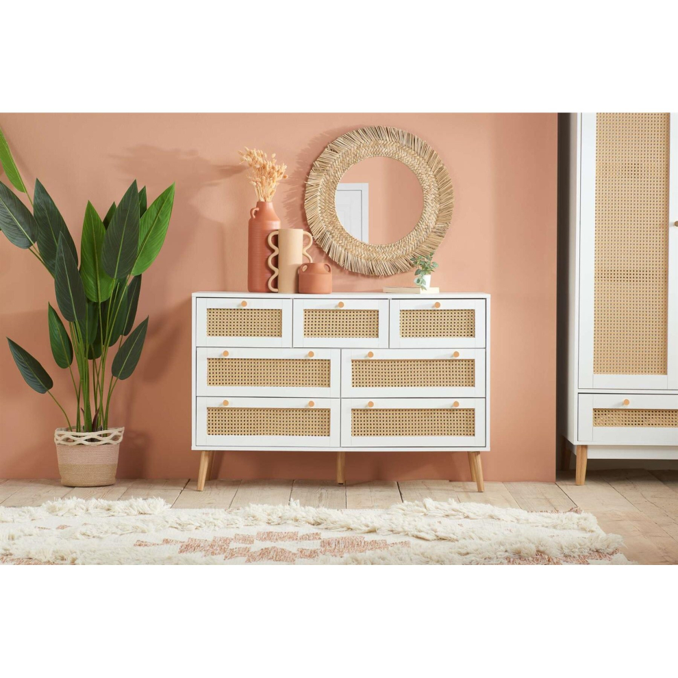 White Chest of 7 Drawers Rattan Birlea Croxley Mid Century Modern