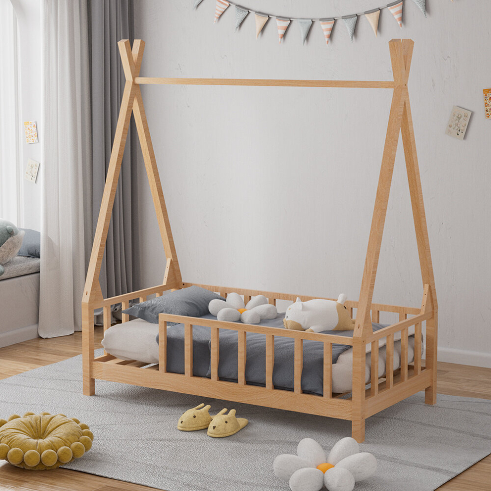 Kids Premium Wood House Bed Frame With Fence