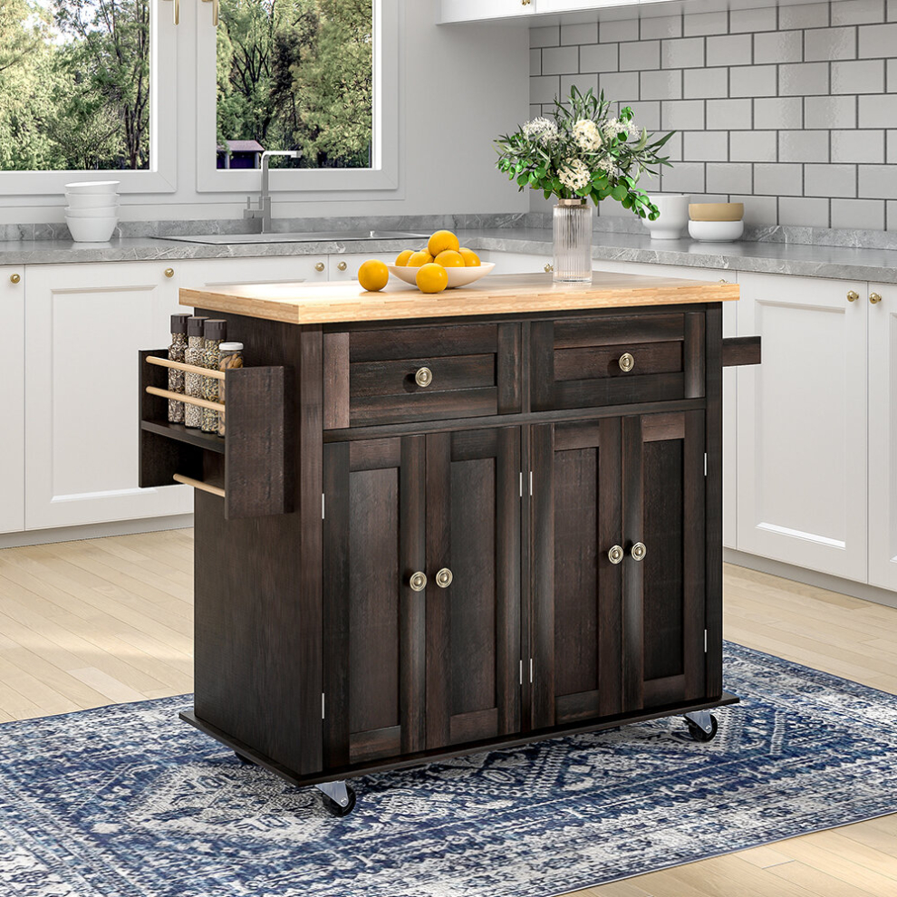 Modern Rolling Wooden Kitchen Island Cart with Storage Cabinets