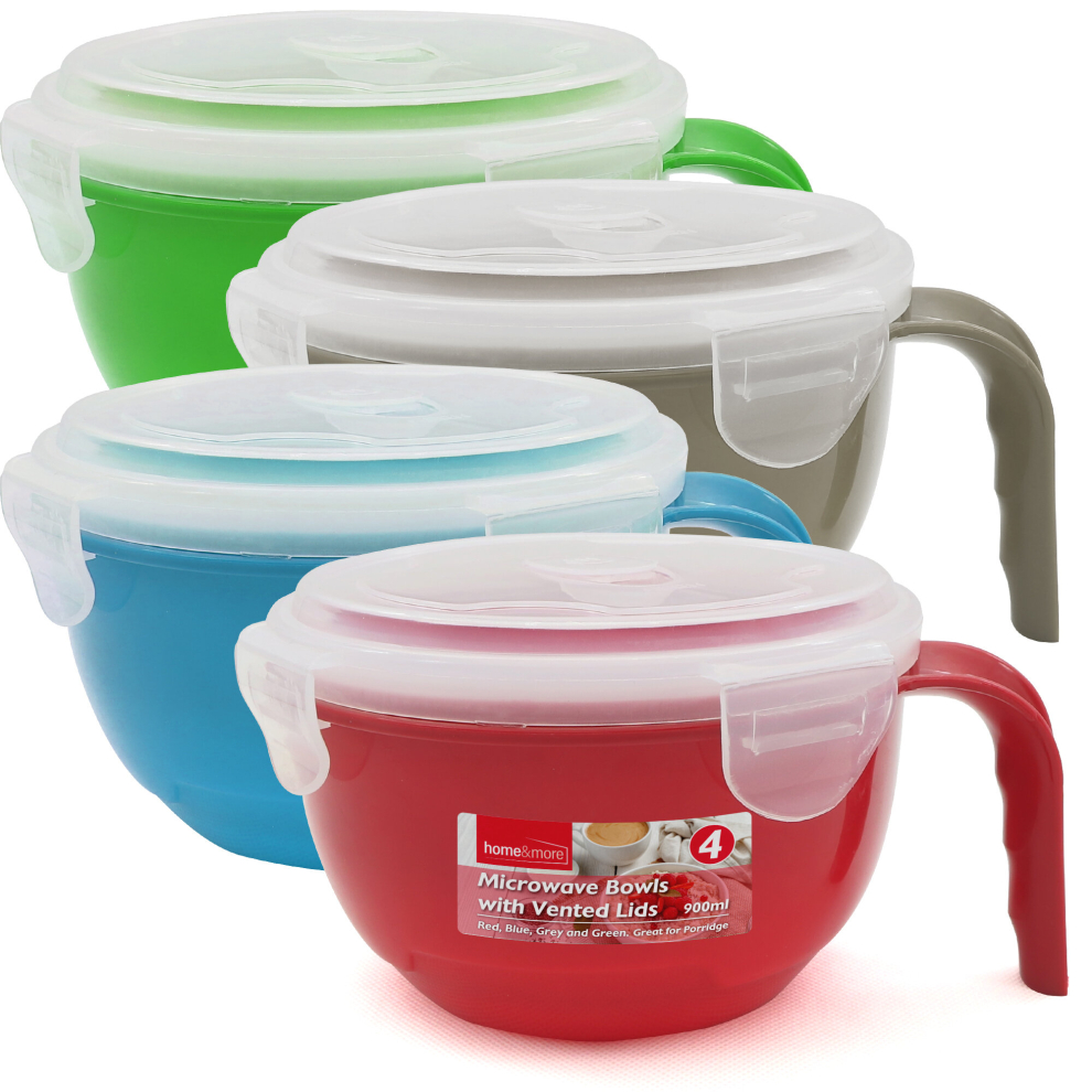 4pk Microwave Soup Bowl With Lid & Handle 900ml | Porridge Noodle Cup