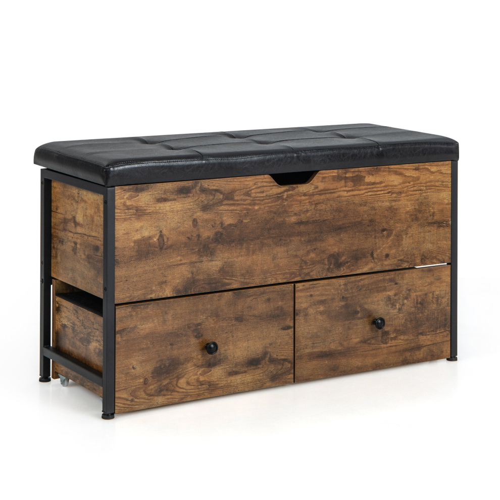 Storage Ottoman Bench Flip Top Storage Chest with 2 Drawers Wooden Storage Bench
