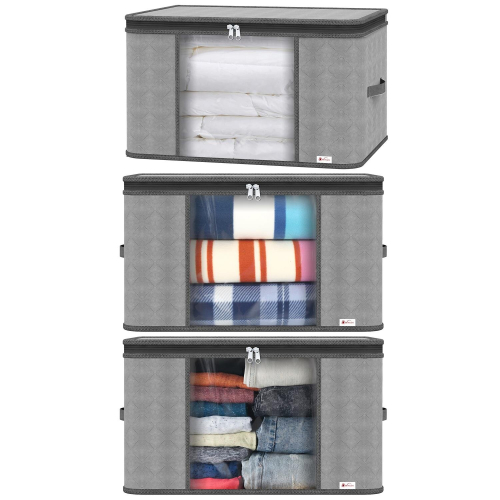 3-Piece Deluxe Large-Capacity Moisture-Proof Clothes Storage Bags with Clear Window - Light Grey