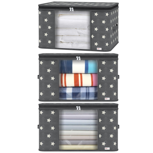 3-Pack Deluxe Clothes Storage Bags, Large 60x43x35 cm, Moisture-Proof, Breathable 3-Layer Non-Woven with Clear Window, Grey Star