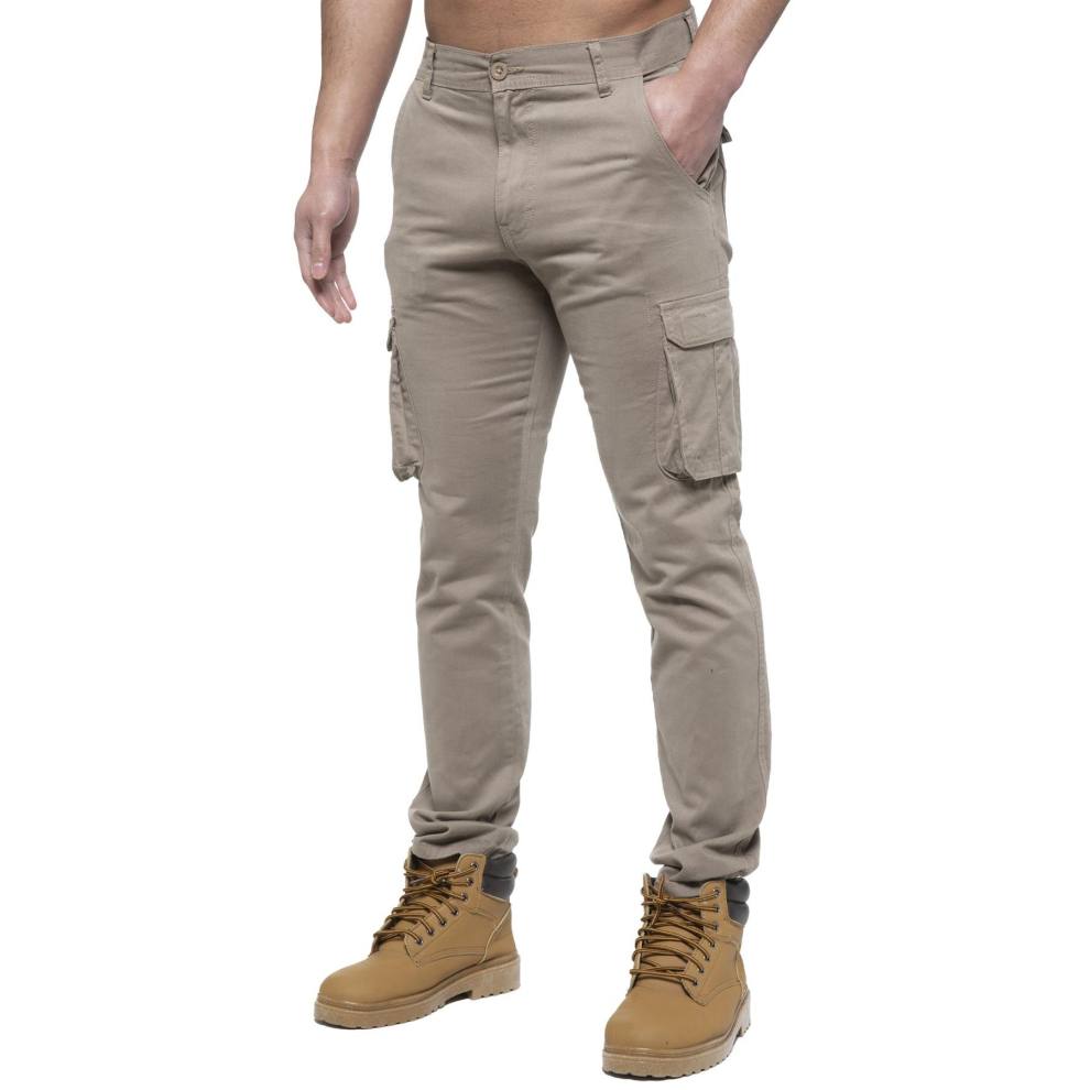 (34 Short, Beige) Enzo Mens Cargo Straight Fit Denim Jeans