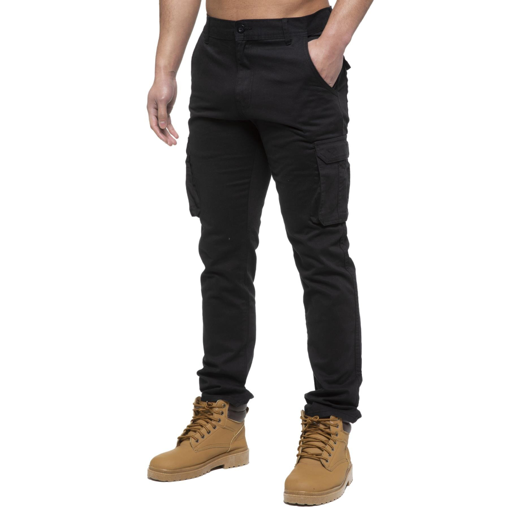 (32 Regular, Black) Enzo Mens Cargo Straight Fit Denim Jeans