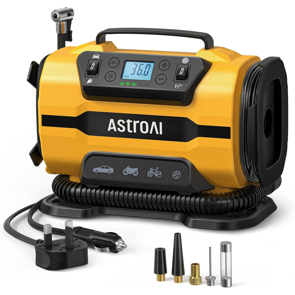 (Yellow) Tyre Inflator Air Compressor 150PSI, Power Supply 12V DC / 230V AC, Car Tyre Pump with Dual Metal Motors & LED Light, Car Accessories for Car 