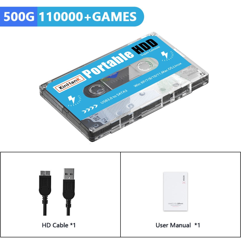 (500G) 500G Portable External Hard Drive Batocera 33 With 110000+ Game Games for PS3/PS2/WII/PS1/N64/SS Emulator for Laptop/PC/Windows