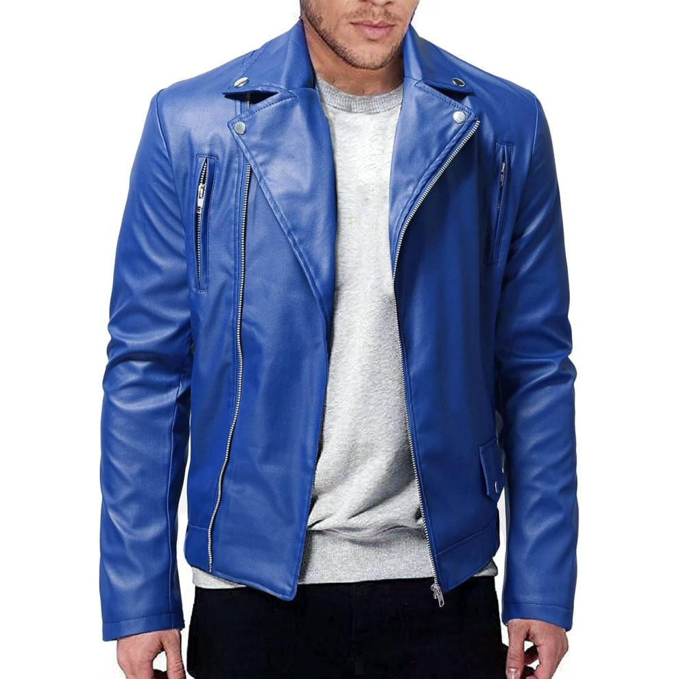 (m, Dark-Blue) Men PU Leather Jacket Solid Color Casual Slim-Fit Zipper Long Sleeve Turn-Down Collar Motorcycle Leather Jacket Coat