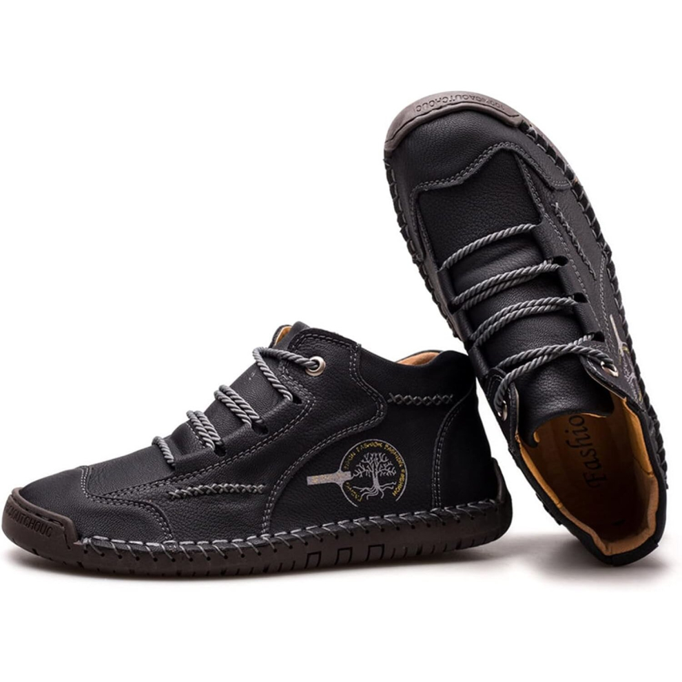 (41, Black) Men's Handmade Suede Velcro High Boots Waterproof Leather Casual Sneakers Are Non-slip and Breathable