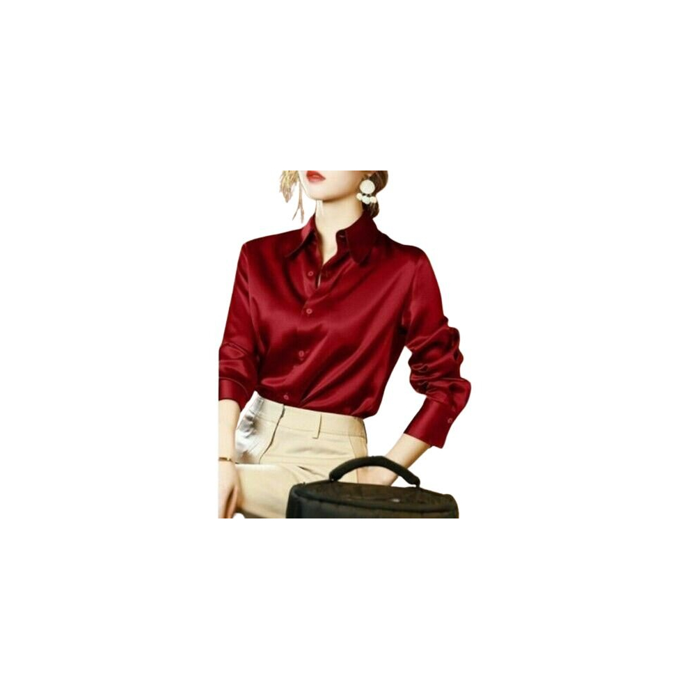(l, Red) Women Elegant Button Up Long Sleeve Shirts Silk Crepe Satin Blouses Business Top Fashion Slim