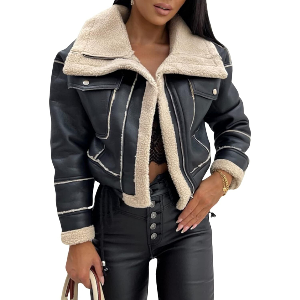 (Large, Black) Women Faux Fur Collar Suede Leather Short Jackets Lined Zipper Bomber Motorcycle Aviator Coats Outerwear
