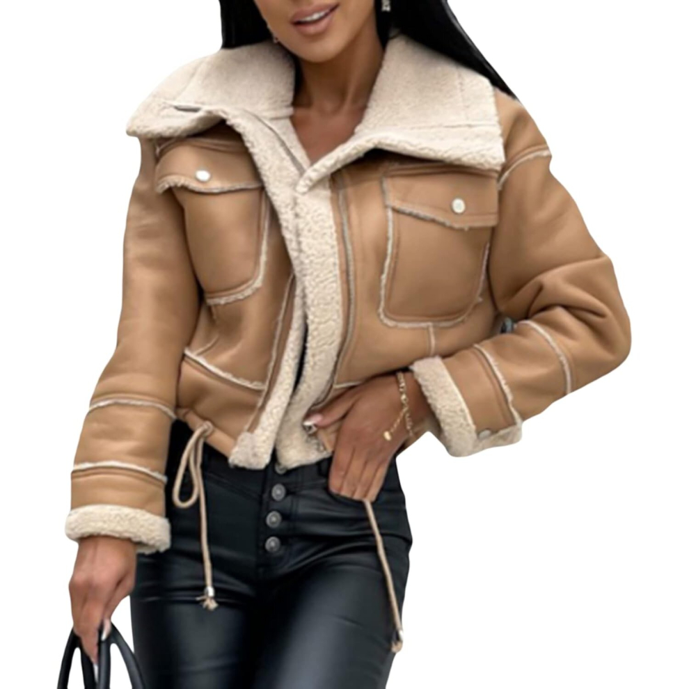 (Large, Brown) Women Faux Fur Collar Suede Leather Short Jackets Lined Zipper Bomber Motorcycle Aviator Coats Outerwear