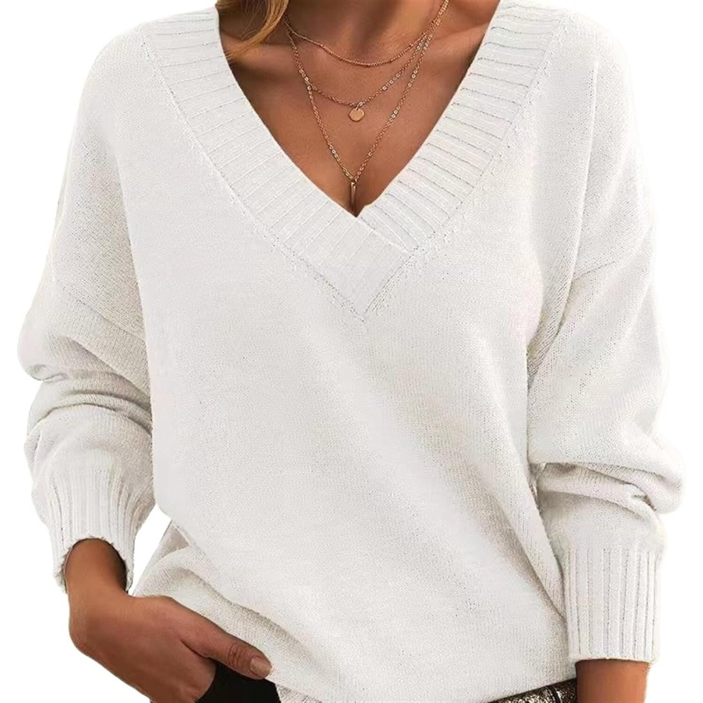 (m, White) Women's sweater loose and fashionable V-neck pullover casual versatile knitted sexy sweater