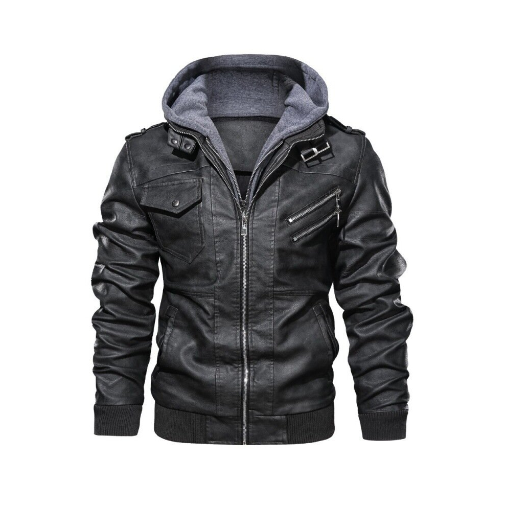 (M, black) Men's Winter Hooded Leather Jacket Motorcycle Leather Jacket