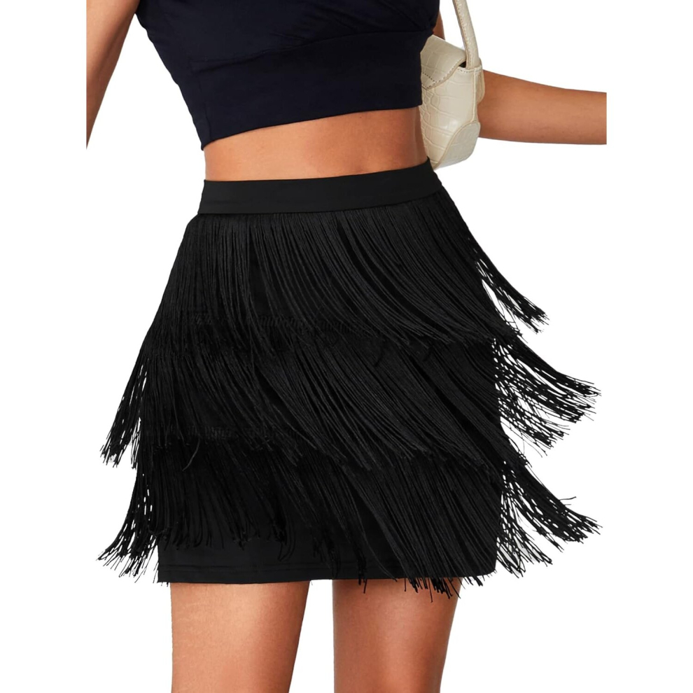 (m, Black) Women's Sexy Fringe Trim High Waist Tiered Bodycon Pencil Mini Short Skirt