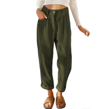 (3XL, green) Women's casual corduroy trousers high waisted loose trousers retro solid color buttoned straight trousers