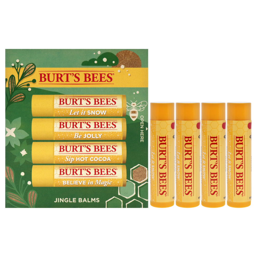 Burts Bees Jingle Balms 2023 by Burts Bees for Unisex - 4 Pc 0.15oz Lip Balm - Let Is Now, 0.15oz Lip Balm - Be Jolly, 0.15oz Sip Hot Cocoa, 0.15oz Li