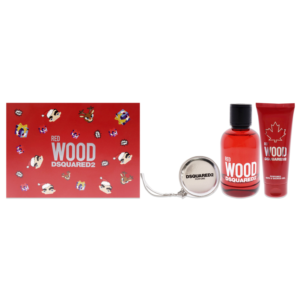 Dsquared2 Red Wood For Women 3 Pc Gift Set 3.4oz EDT Spray, 3.4oz Perfumed Bath and Shower Gel, Silver Round Purse