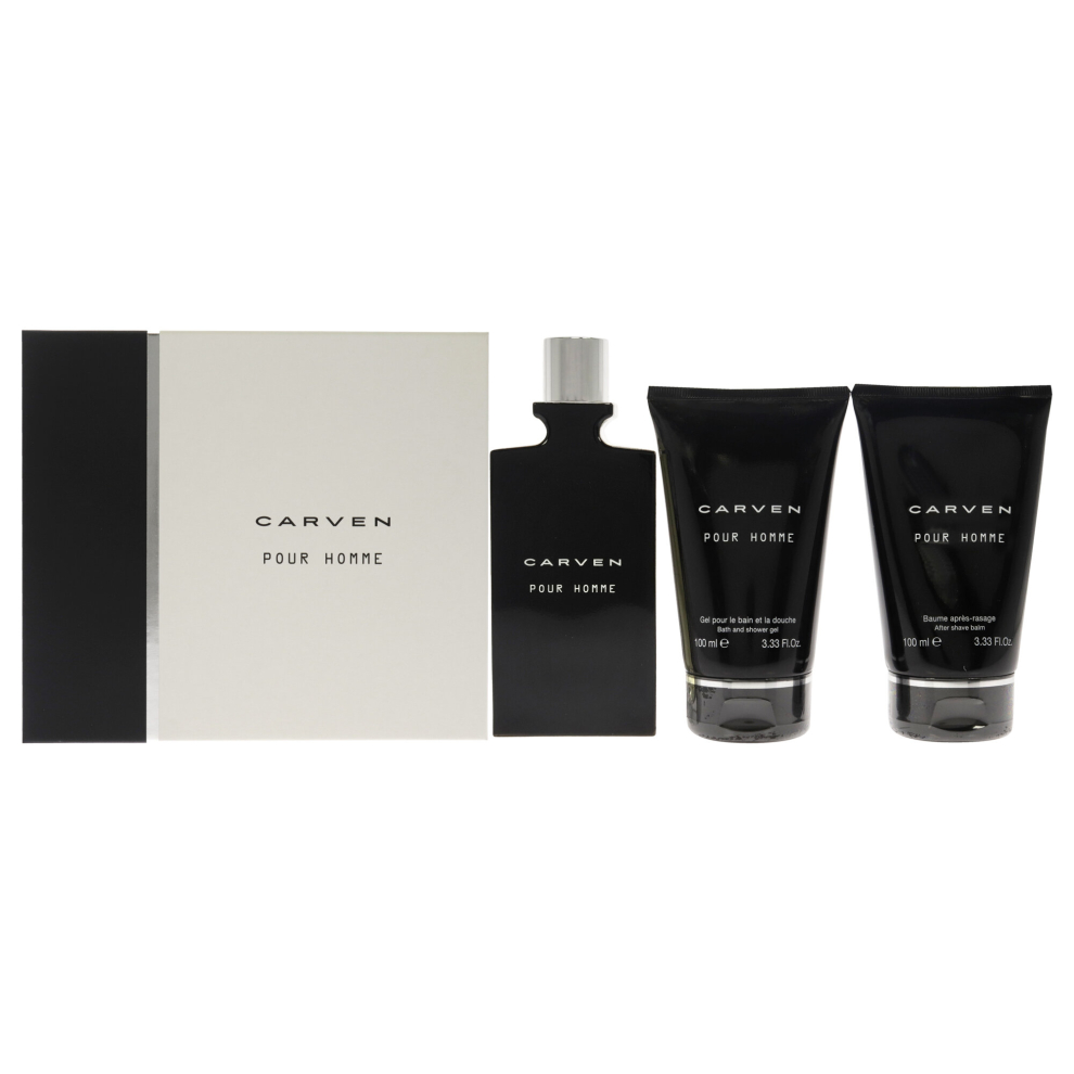 Carven Pour Homme For Men 3 Pc Gift Set 3.33oz EDT Spray, 3.33oz After-Shave Balm, 3.33oz Bath and Shower Gel