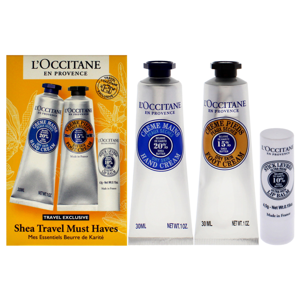 Shea Travel Must Haves Set by LOccitane for Unisex - 3 Pc 1oz Shea Dry Skin Hand Cream, 1oz Shea Dry Skin Foot Cream, 0.15oz Shea Butter Ultra Rich Li