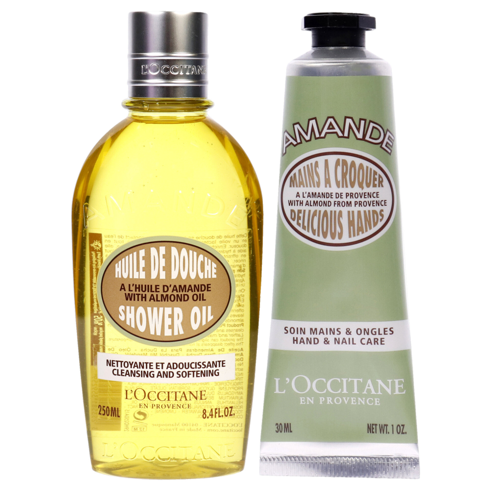 Loccitane Almond Cleansing and Softening Shower Oil and Hand Cream Kit For Unisex 2 Pc Kit 8.4oz Shower Oil, 1oz Cream