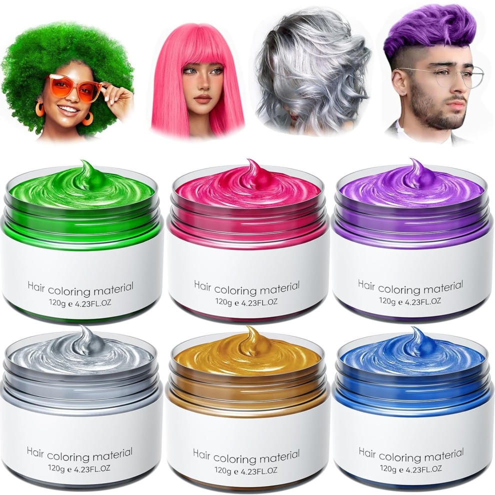 6 Colors Temporary Hair Color Wax Color Hair Dye Hair Paint Colored Hair Wax Non Permanent Hair Color for Men Women Daily Party Cosplay Halloween DIY