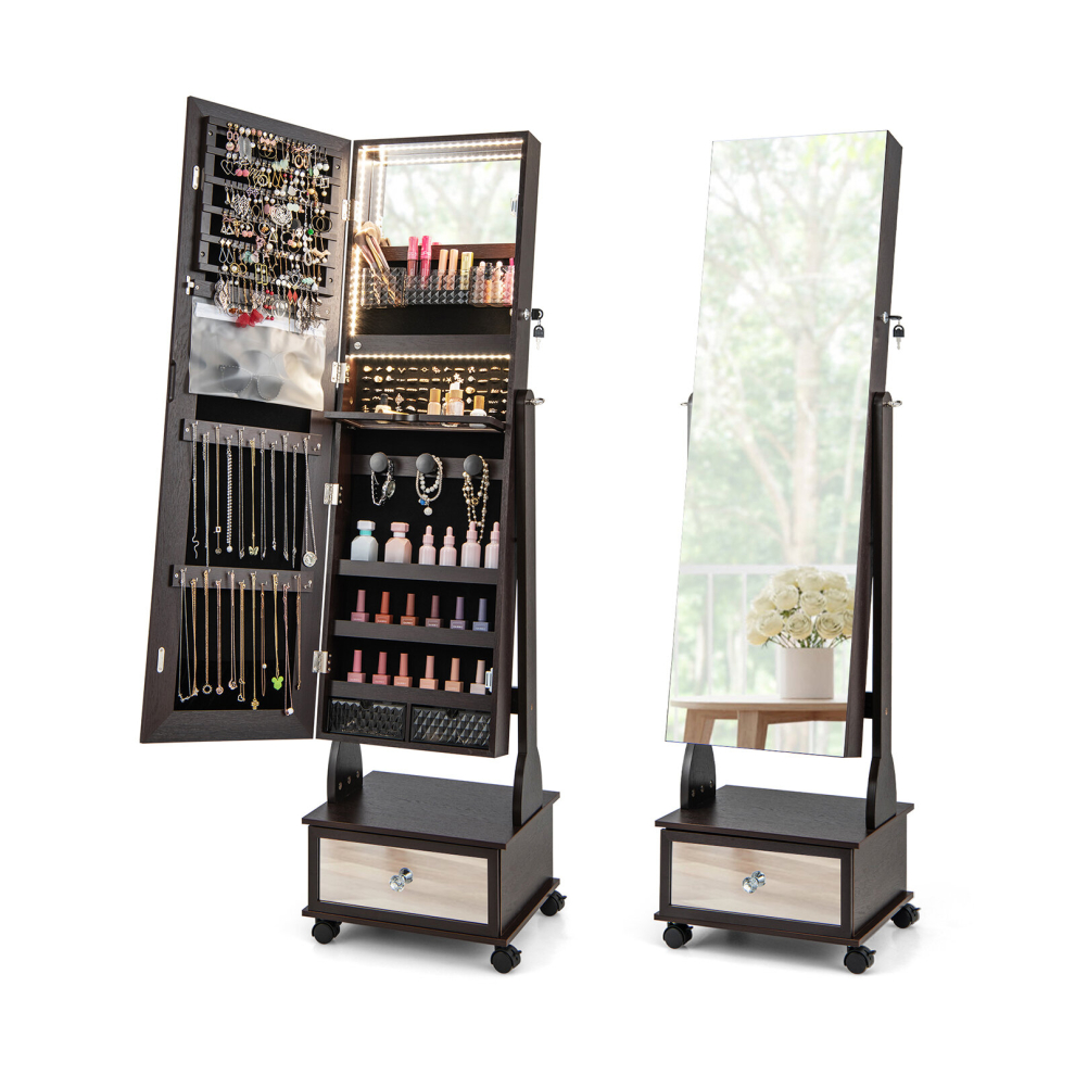 Lockable Jewelry Armoire w/Full-Length Mirror 3-Color Light & Drawer Adjustable Angles