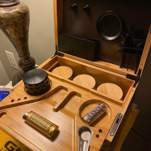 Bamboo Storage Chest with Movable Tray Wood Locking Stash Box Rolling Tray