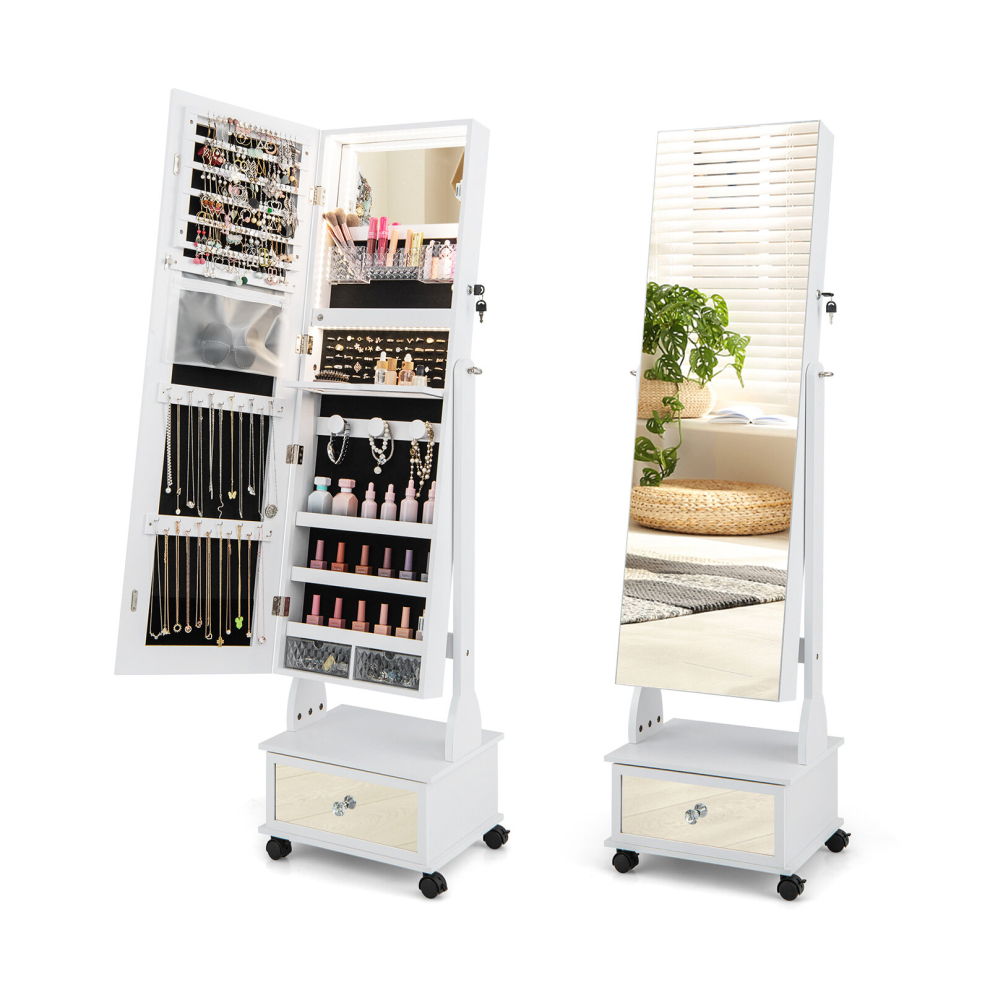 Lockable Jewelry Armoire w/Full-Length Mirror 3-Color Light & Drawer Adjustable Angles