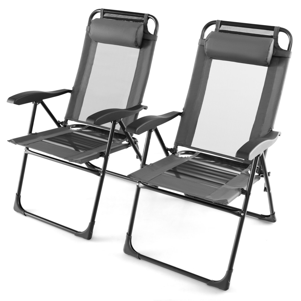 Patio Folding Chairs Set of 2 Outdoor Recliner w/Wide Armrests &7-Level Backrest