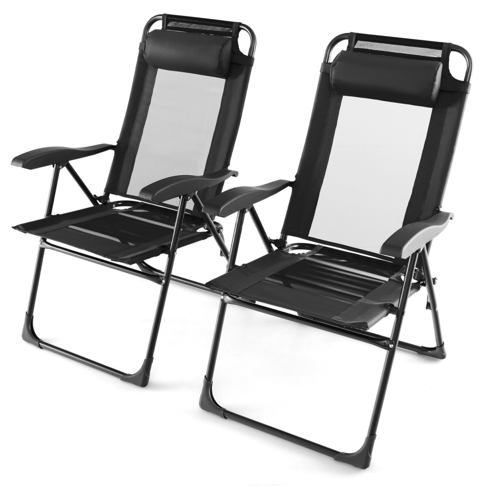 Patio Folding Chairs Set of 2 Outdoor Recliner w/Wide Armrests &7-Level Backrest