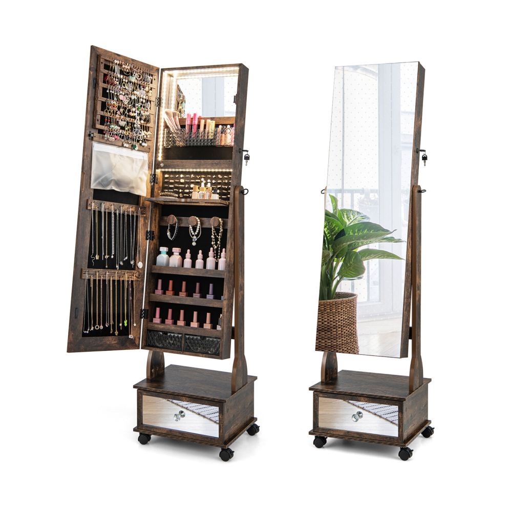 Lockable Jewelry Armoire w/Full-Length Mirror 3-Color Light & Drawer Adjustable Angles