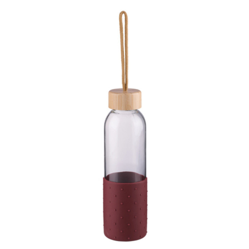 (Dark Red - Dotted Half Sleeve) Glass Water Bottle 500ml Drinking Sports Gym