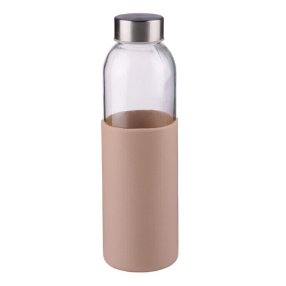 (Beige - Plain 3/4 Sleeve) Glass Water Bottle 500ml Drinking Sports Gym
