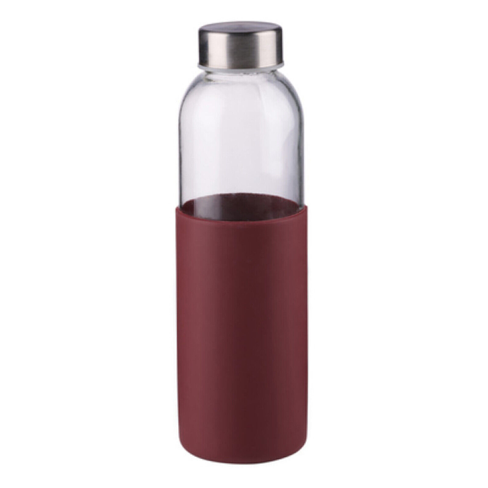 (Dark Red - Plain 3/4 Sleeve) Glass Water Bottle 500ml Drinking Sports Gym
