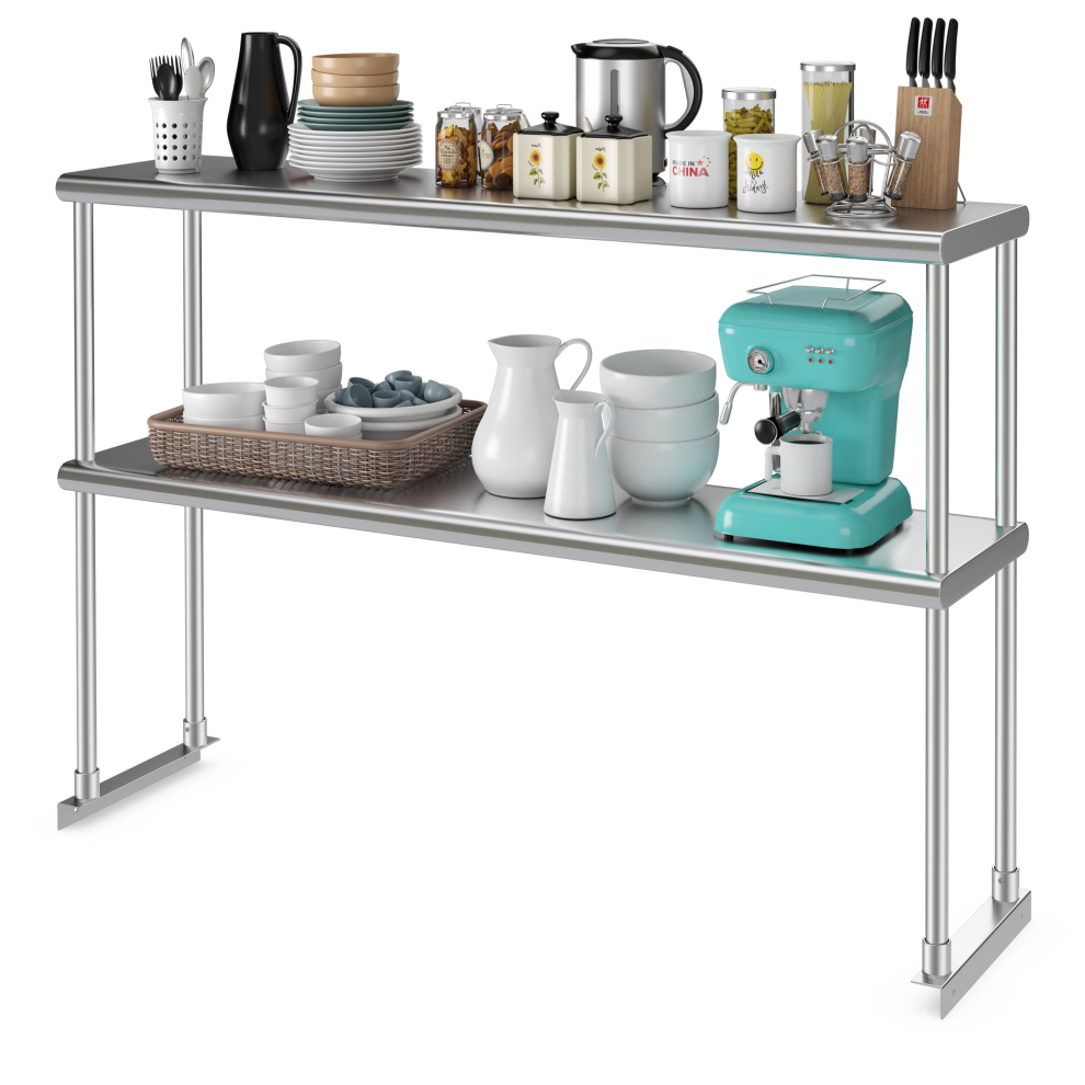 122 cm Prep Work Table Double Tier Stainless Steel Overshelf w/ Adjustable Shelf