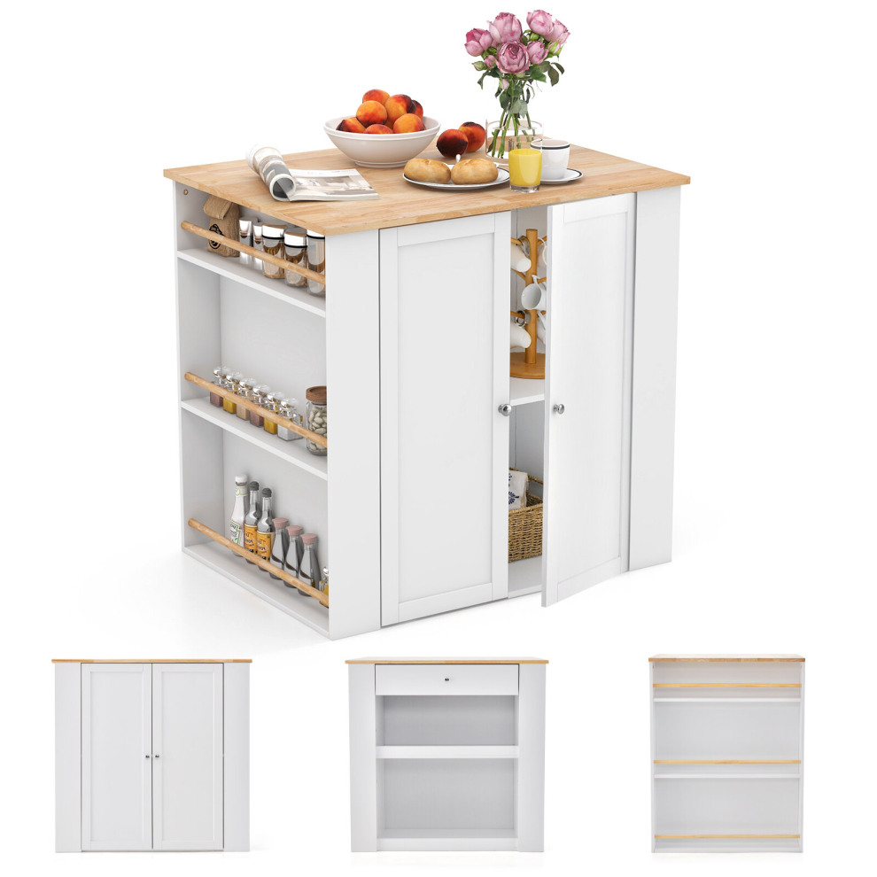 Modern Wood Top Kitchen Island w/ 2 Door Drawer & 6 Spice Racks Cupboard