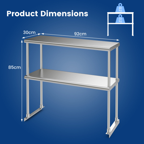 Casart 92 cm Prep Work Table Double Tier Stainless Steel Overshelf w/ Adjustable Shelf 2