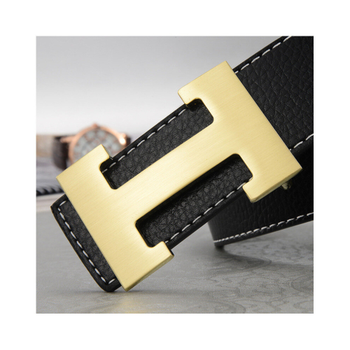 (Black+Gold, 110cm) PU Leather H Belt Smooth Buckle