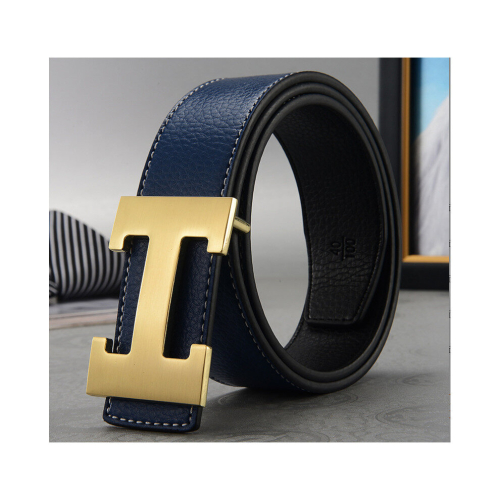 (Deep Blue+Gold, 115cm) PU Leather H Belt Smooth Buckle