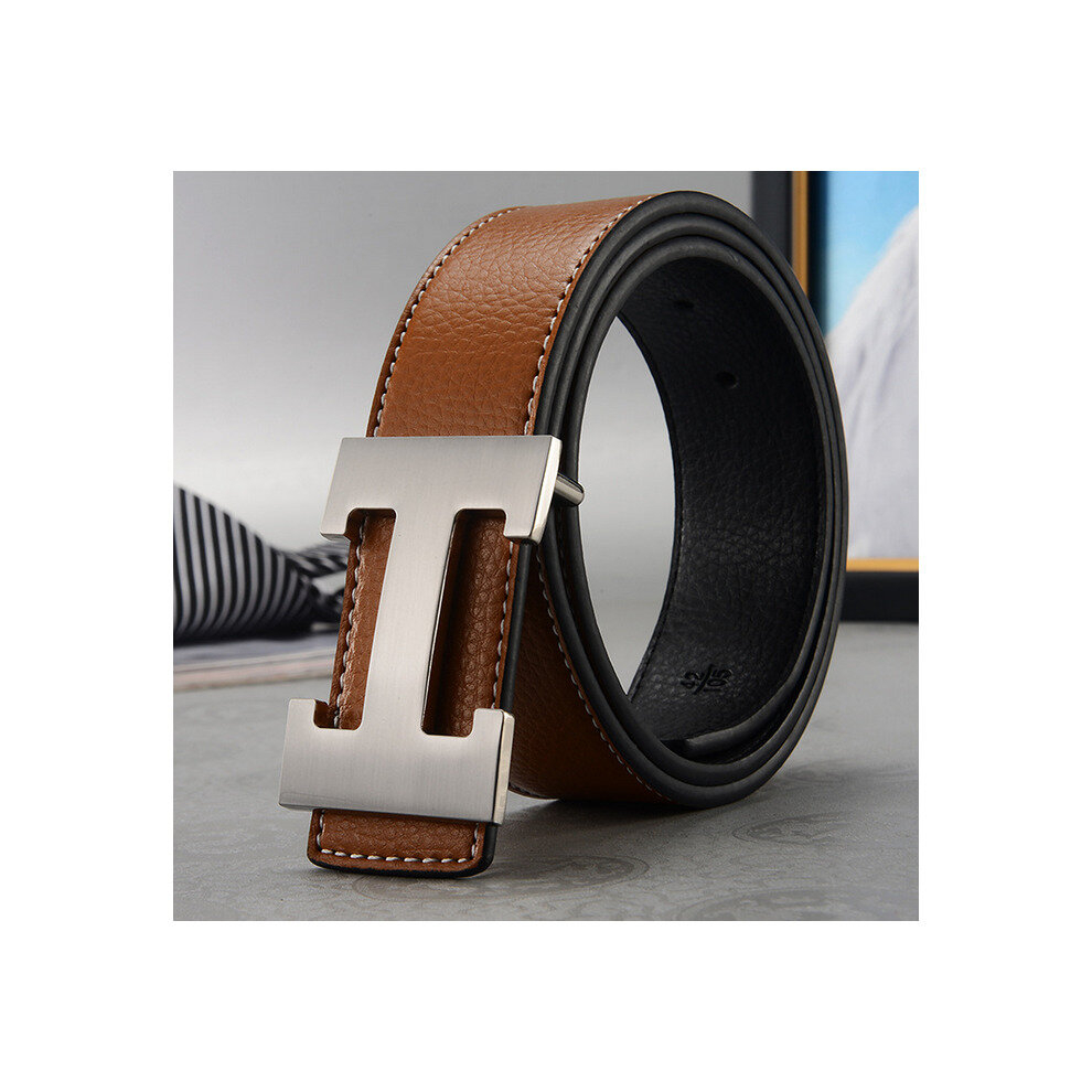 (Brown+Silver, 110cm) PU Leather H Belt Smooth Buckle